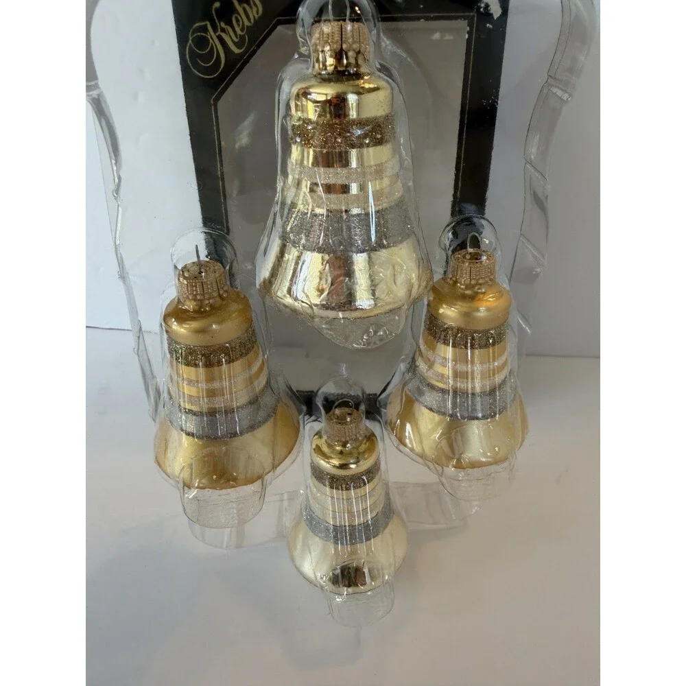 4 Gold Glass Striped Bell Christmas Ornaments Vintage Krebs Glitter Holiday Box